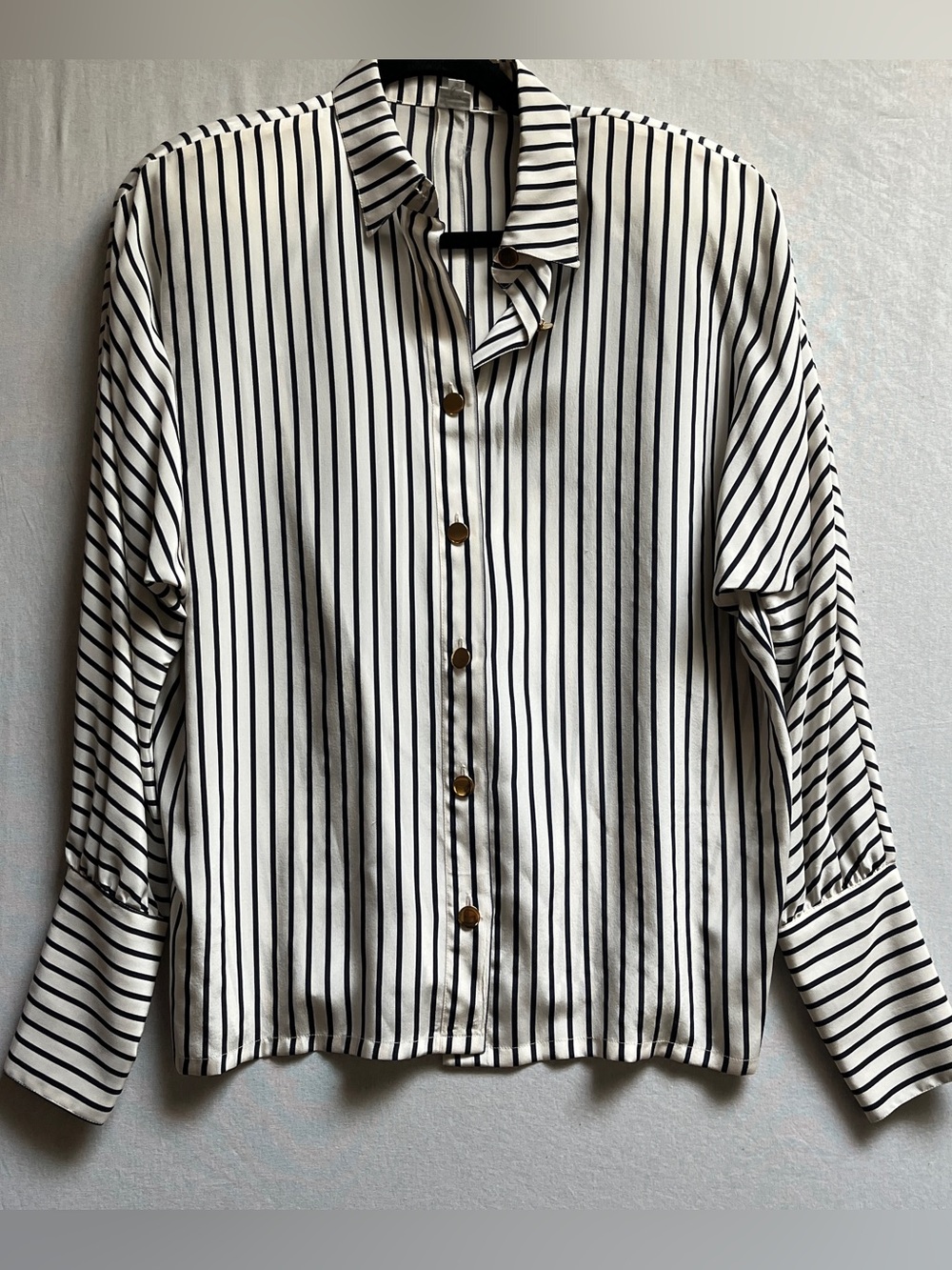 Vintage 100% Silk Black White Vertical Stripe Button Shirt Sz M - Shoulder Pads